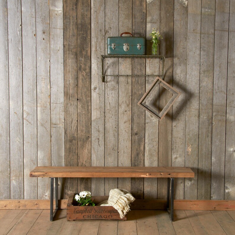 Industrial Reclaimed Wood Bench with square steel legs 1.5 Standard Top, 36L x 11.5w x 18h image 2