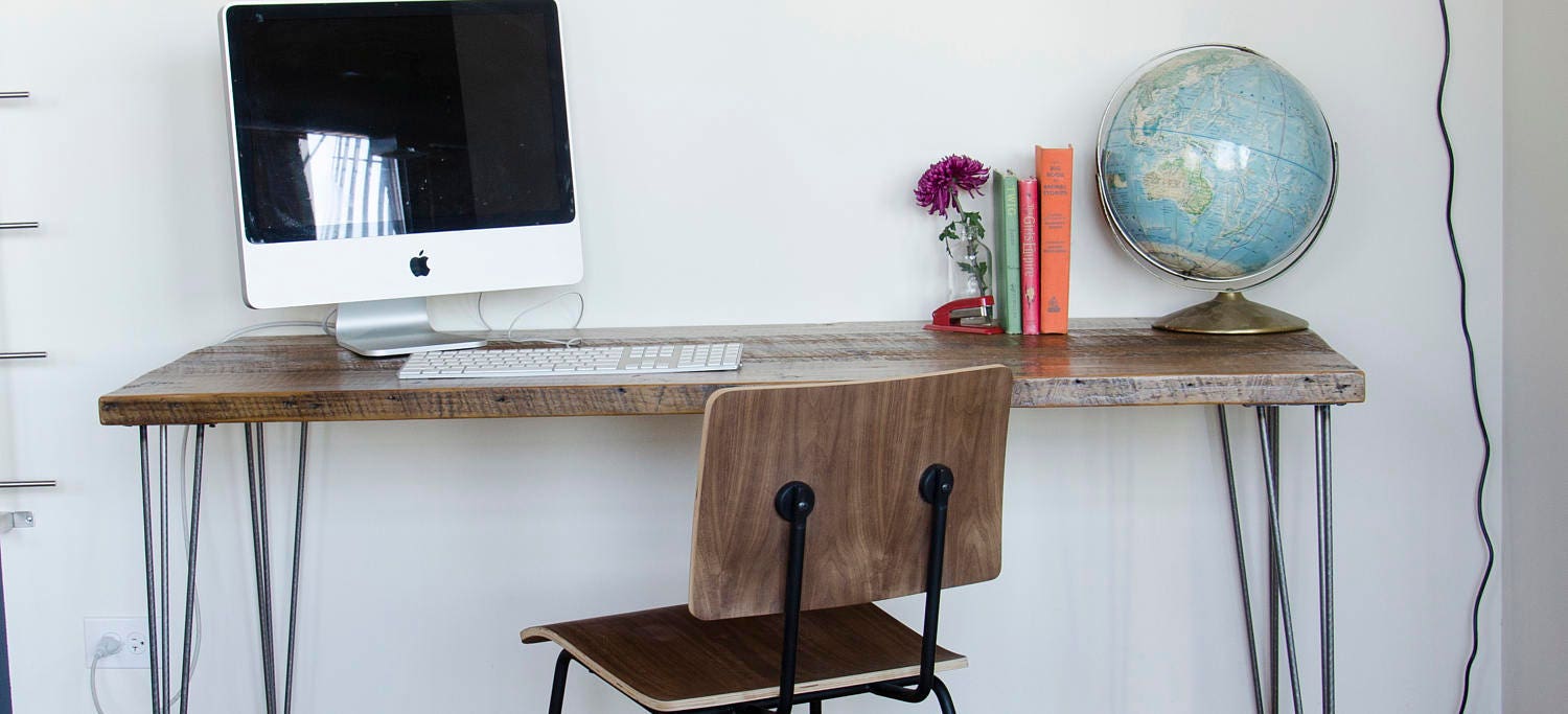 Mid Century Reclaimed Wood Desk with hairpin legs in pic one. Etsy