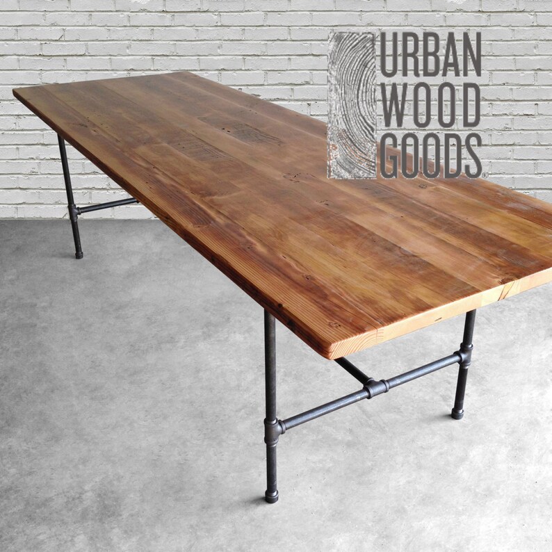 Wood Dining Room Table With Reclaimed Top And Iron Pipe Legs In Choice Of Sizes Base Style Or Finishes
