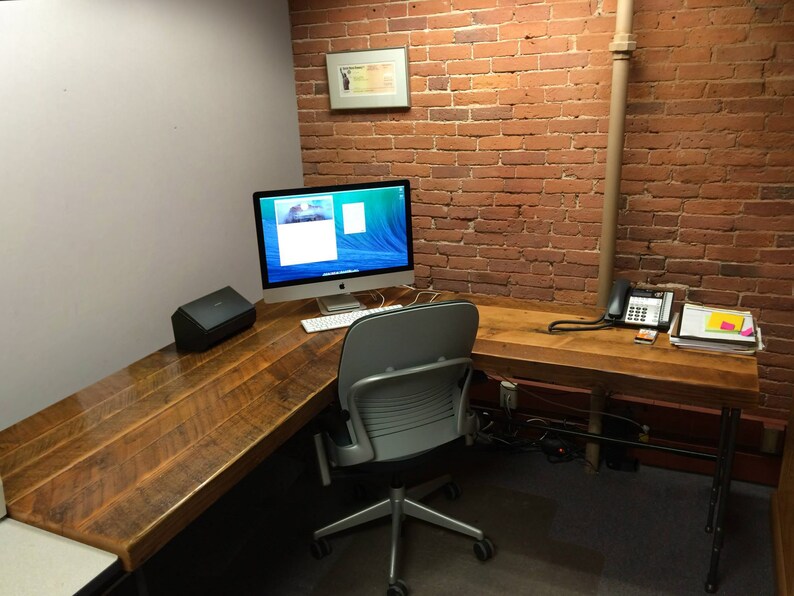 L Shaped Office Desk crafted of reclaimed wood and steel pipe legs in your choice of size, height and finish image 4