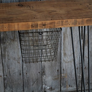 Industrial Console Table with reclaimed wood top hairpin legs and locker basket. Choose size and wood finish. image 5