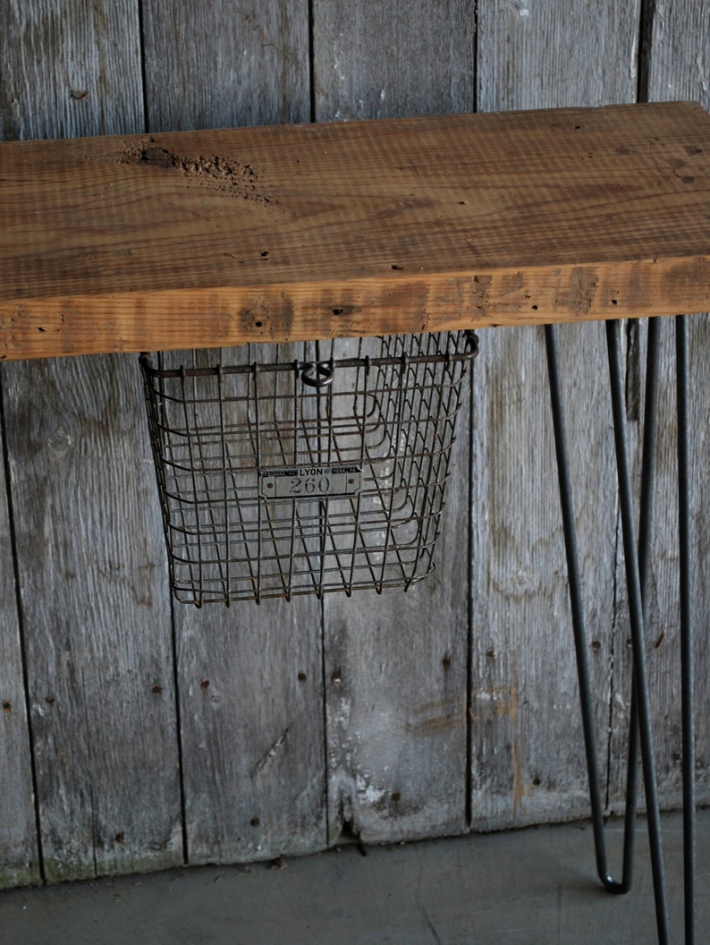 Industrial Console Table with reclaimed wood top hairpin legs and locker basket. Choose size and wood finish. image 5