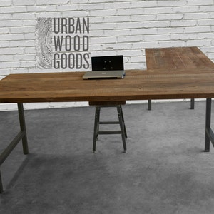 L Shaped Wood Desk with Steel Pipe Legs L Shaped Reception Desk Solid Wood Desk L Shape Barnwood Desk in L Shape with Reclaimed Wood image 4