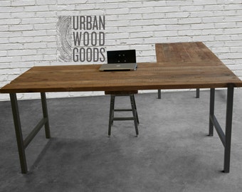 Reclaimed Wood Office Furniture, Modern Wood Desk-Custom L Shaped Desk with reclaimed wood top and square steel legs