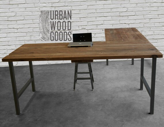 L Shape Desk Crafted Of Reclaimed Wood With Square Steel H Etsy