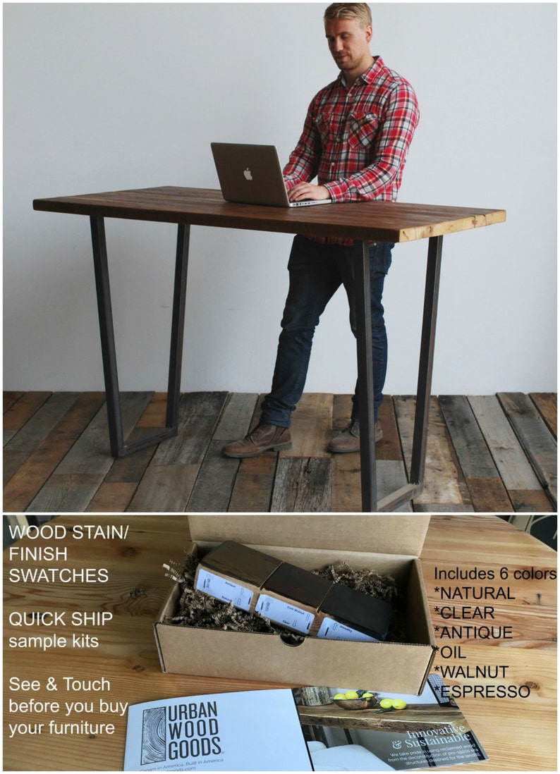 Urban Farmhouse Standing Work Desk Home Office Made Of Reclaimed Wood And Tapered Steel Base Choose Size Height Finish Thickness
