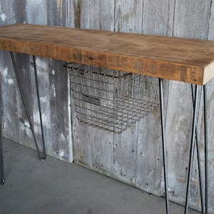 Industrial Console Table with reclaimed wood top hairpin legs and locker basket. Choose size and wood finish. image 2