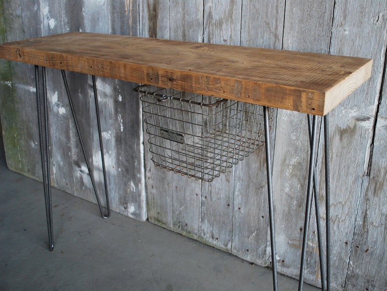 Industrial Console Table with reclaimed wood top hairpin legs and locker basket. Choose size and wood finish. image 2