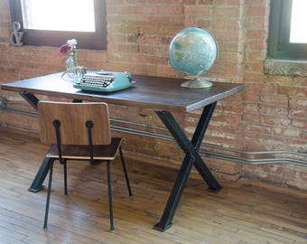 Modern Farmhouse Desk made with reclaimed wood and steel X base.  Custom designs welcome. Choose size, height, wood thickness and finish.