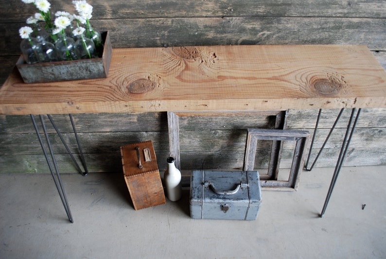 Industrial Console Table with reclaimed wood top hairpin legs and locker basket. Choose size and wood finish. image 4