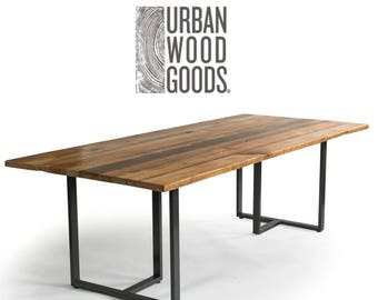 Urban Reclaimed Wood Table with Steel Base - Farmhouse Dining Table Reclaimed Wood - Industrial Wood Table for Office - Vintage Wood Table