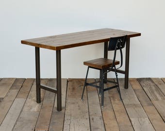 Rustic reclaimed wood desk with H style steel legs in choice of size, thickness and finish.  Custom designs welcome.