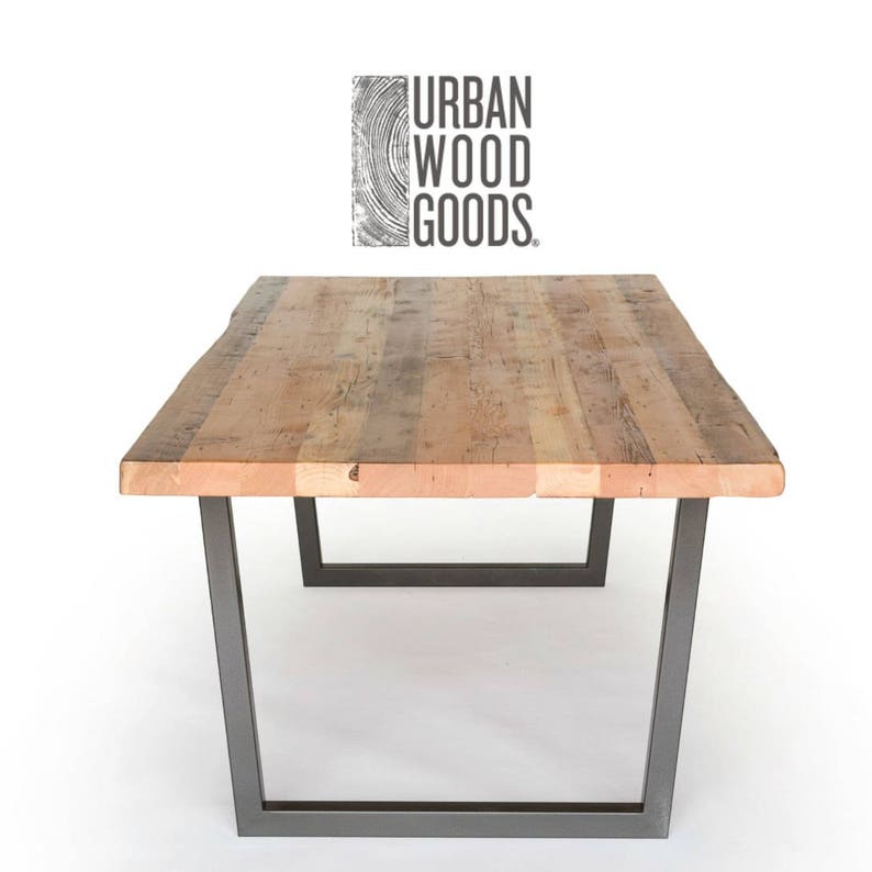 Rustic Farmhouse Wood Dining Table With Reclaimed Top And U Shaped Steel Base Choose Size Thickness Finish