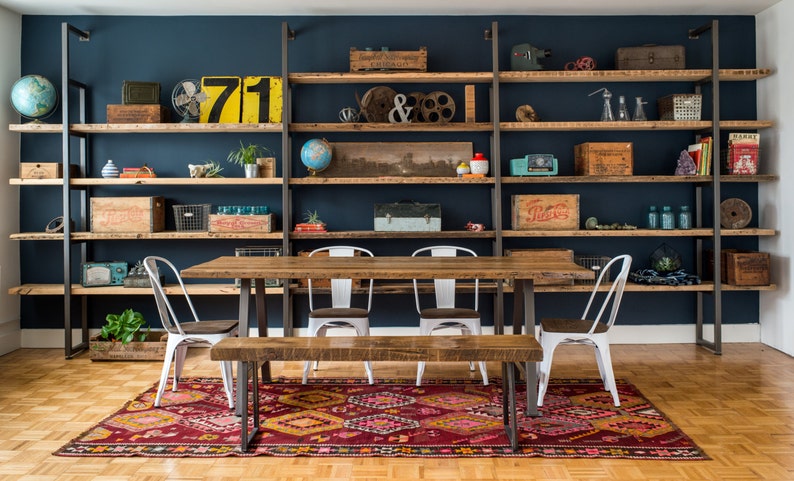 painted steel supports Custom orders 4-5 wks Modern Farmhouse ShelvingMedia CenterWall Storage choice of wood finish and thickness