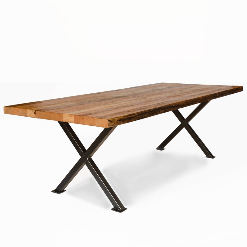 Rustic Wood Office Table made with reclaimed wood and steel X shaped base. Choose size, height, wood thickness and finish. image 1
