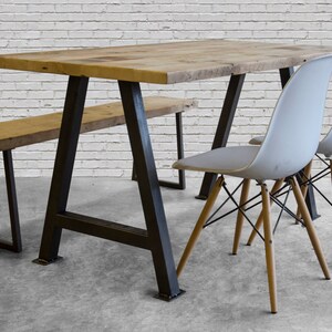 Modern solid reclaimed wood dining table, custom made with steel A-frame legs in choice of sizes or finishes image 5