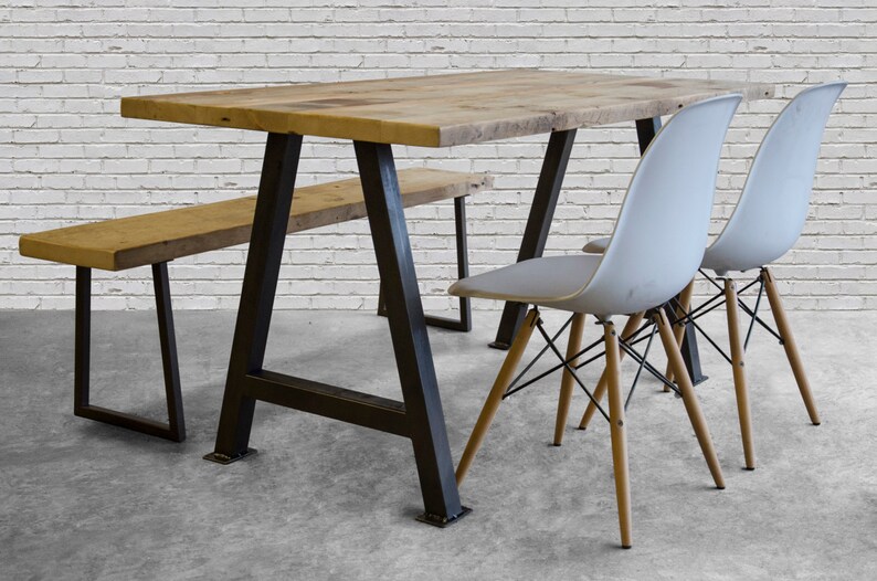 Modern solid reclaimed wood dining table, custom made with steel A-frame legs in choice of sizes or finishes image 5