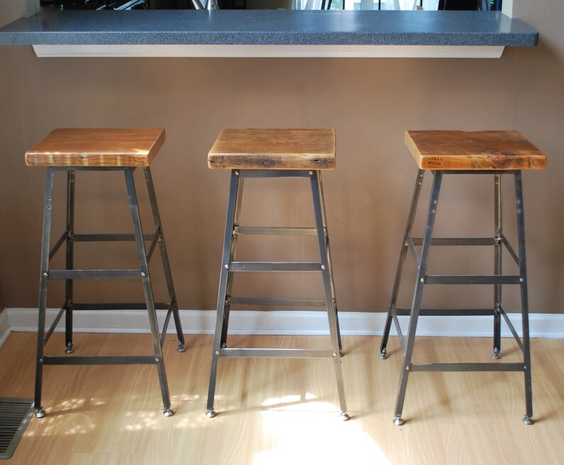 Qty 1 Made in Chicago Reclaimed Wood and Steel Industrial Shop Stool choose finish 18 table height