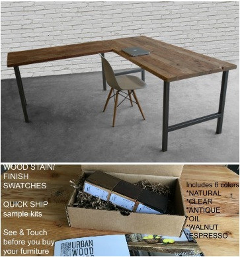 Barn Wood L Shaped Desk Office Furniture With H Style Steel Base Choose Size Thickness And Finish