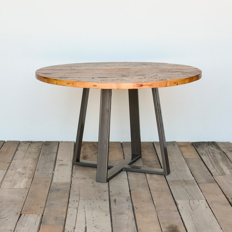 Urban Wood Goods Pub Table made in reclaimed wood and steel legs in your choice of size, wood top thickness 1.5 or 2.5 thick and finish image 2