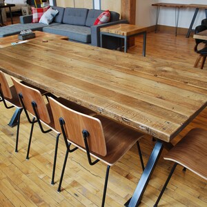 Dining Room Table made with reclaimed wood planks and steel X base. Custom sizes and finishes welcome. image 2