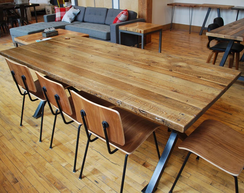 Dining Room Table made with reclaimed wood planks and steel X base. Custom sizes and finishes welcome. image 2