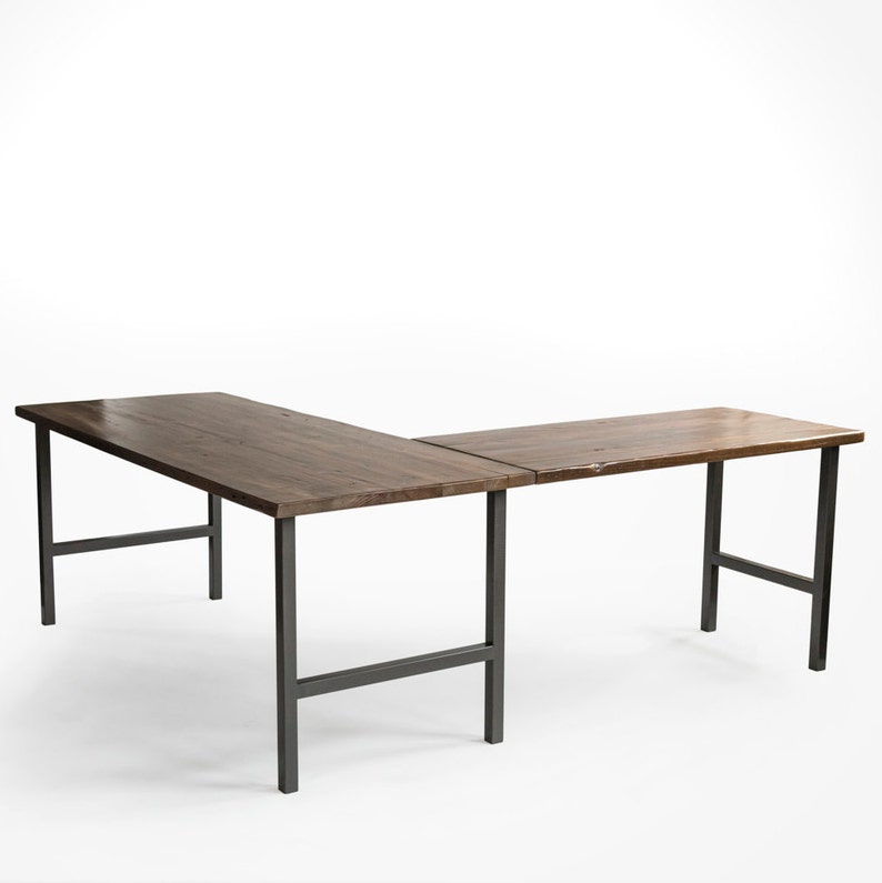 Rustic Modern Corner Desk, L Shaped Desk, Solid Wood Desk with reclaimed wood and steel H legs. Choose size, thickness, return side, finish. image 1