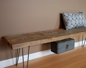 Industrial bench w/ mid century steel Hairpin legs (1.65" Standard Top, 3ft x 11.5"w x 18"h) Ships quick