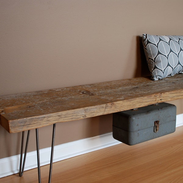 Industrial bench w/ mid century steel Hairpin legs (1.65" Standard Top, 3ft x 11.5"w x 18"h) Ships quick