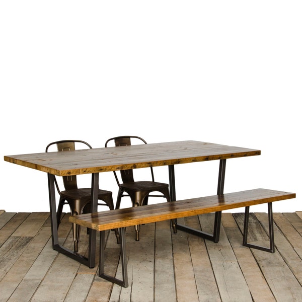 Reclaimed Wood Dining Table with 1.5" wood top and modern square steel tapered legs.  Choose size and finish.
