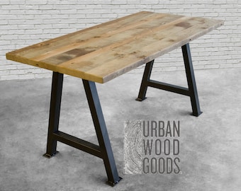 Modern Office Desk or Computer Desk with steel A-frame base and reclaimed wood. Choose size, thickness, and finish. Custom inquiries welcome