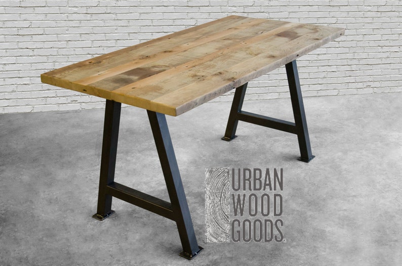 Modern solid reclaimed wood dining table, custom made with steel A-frame legs in choice of sizes or finishes image 3