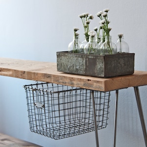 Rustic Wood Bench with sliding locker basket drawer made with reclaimed wood and hairpin legs. Choose size and finish. image 1