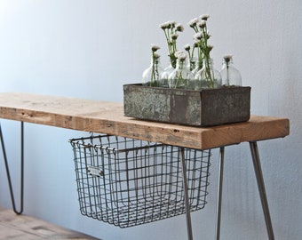 Rustic Industrial Bench with (1) sliding locker basket drawer made with reclaimed wood and hairpin legs.  Choose size and finish.