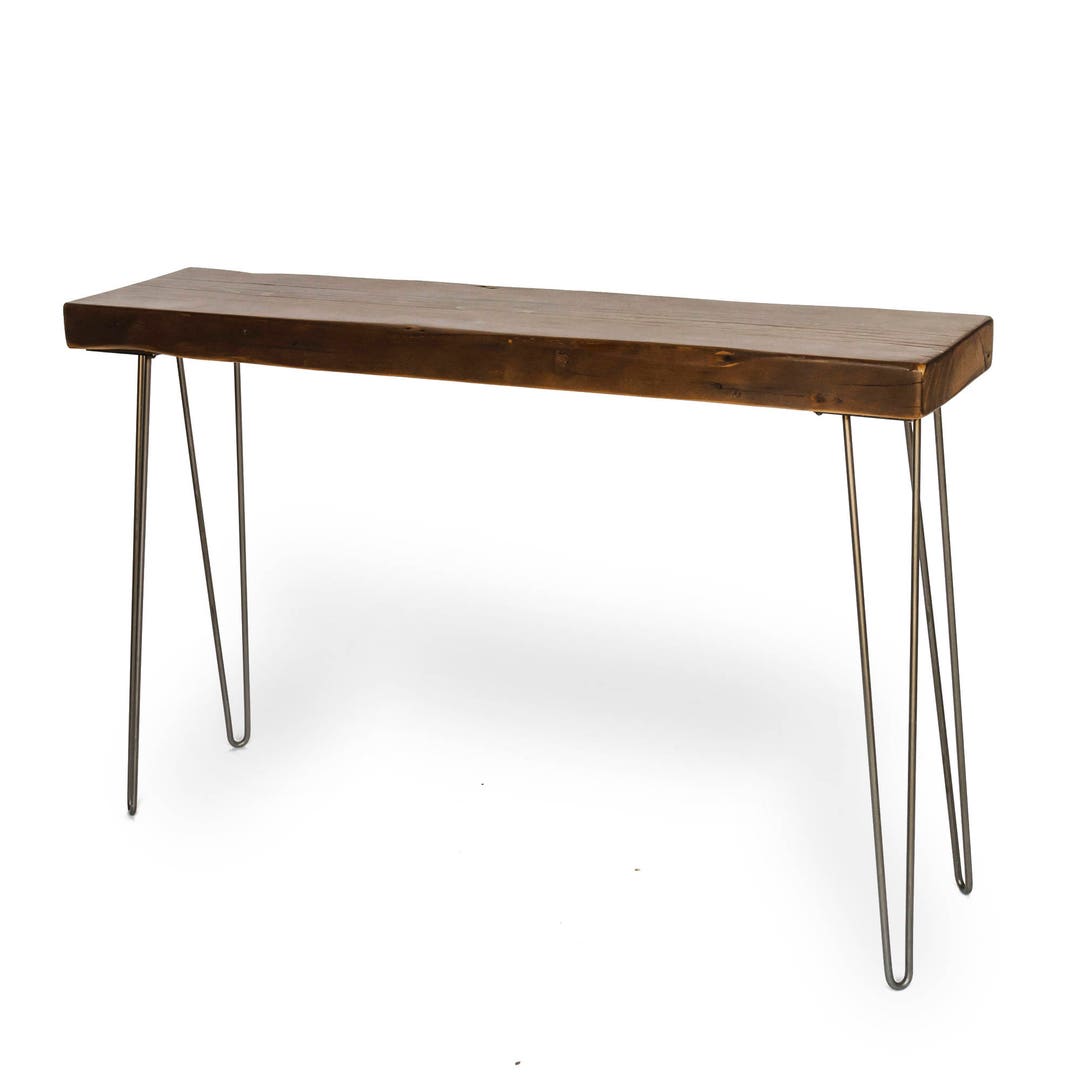 Vintage Wood Console Table Made of Reclaimed Wood and 2 Rod Hairpin
