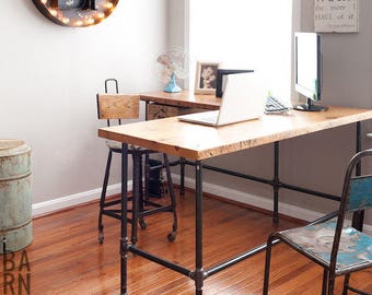 Industrial Reclaimed L shaped Desk with reclaimed wood top and iron pipe legs in choice of size, height, wood thickness and finish