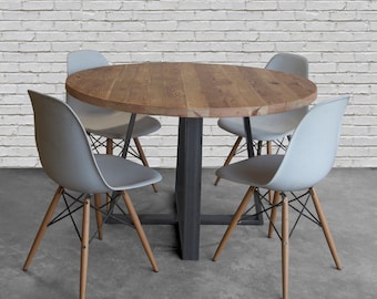 Round Farmhouse Table-dining table in reclaimed wood and steel legs in your choice of color, size and finish