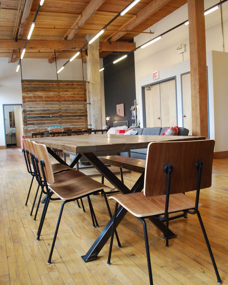 Dining Room Table made with reclaimed wood planks and steel X base. Custom sizes and finishes welcome. image 1