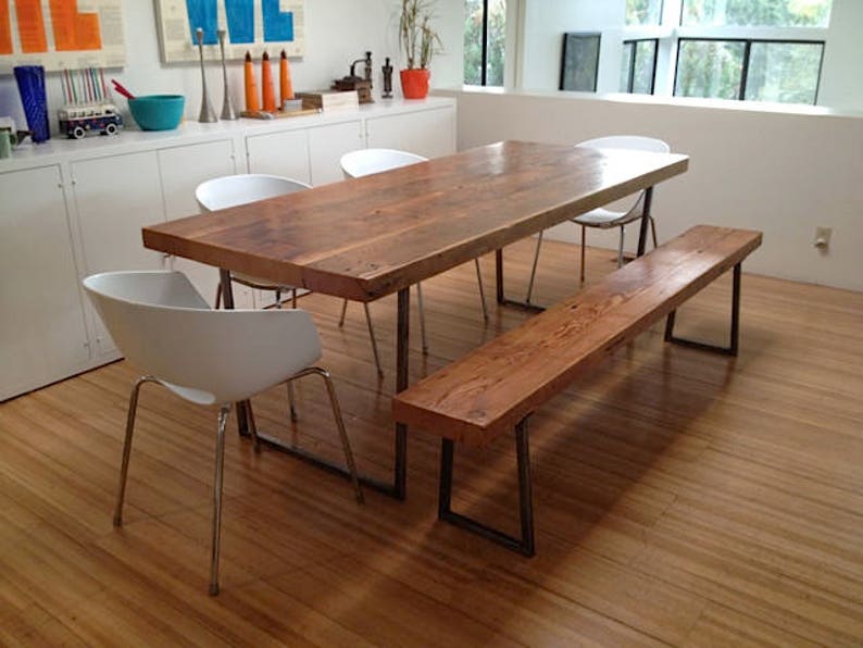 Modern Dining Room Table made with 1.5 thick reclaimed wood top. Variety of table bases, sizes and finishes available. image 1