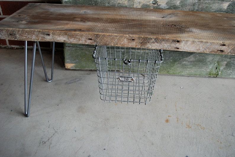 Rustic Wood Bench with sliding locker basket drawer made with reclaimed wood and hairpin legs. Choose size and finish. image 4