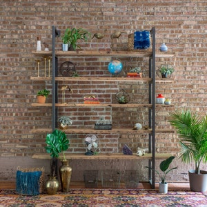 Wall Mounted Shelving Unit or Book Case made of reclaimed wood and steel. 5 Shelves, 11.5 D, 17D including brackets. image 1