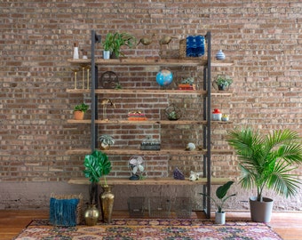 Wall Mounted Shelving Unit or Book Case made of reclaimed wood and steel. 5 Shelves, 11.5" D, 17"D including brackets.