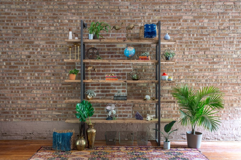 Wall Mounted Shelving Unit or Book Case made of reclaimed wood and steel. 5 Shelves, 11.5 D, 17D including brackets. image 1