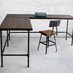 Vintage Wood Desk in L shape with iron pipe legs in choice of size, height, wood thickness and finish image 2