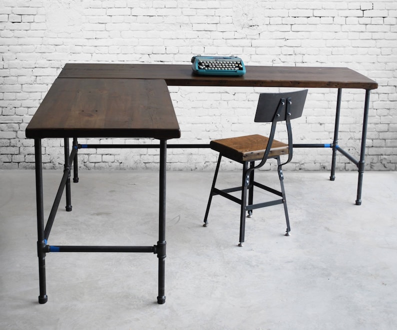 Vintage Wood Desk in L shape with iron pipe legs in choice of size, height, wood thickness and finish image 2