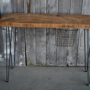 Industrial Console Table with reclaimed wood top hairpin legs and locker basket. Choose size and wood finish. image 1