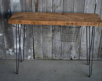 Industrial Console Table with reclaimed wood top hairpin legs and locker basket.  Choose size and wood finish.
