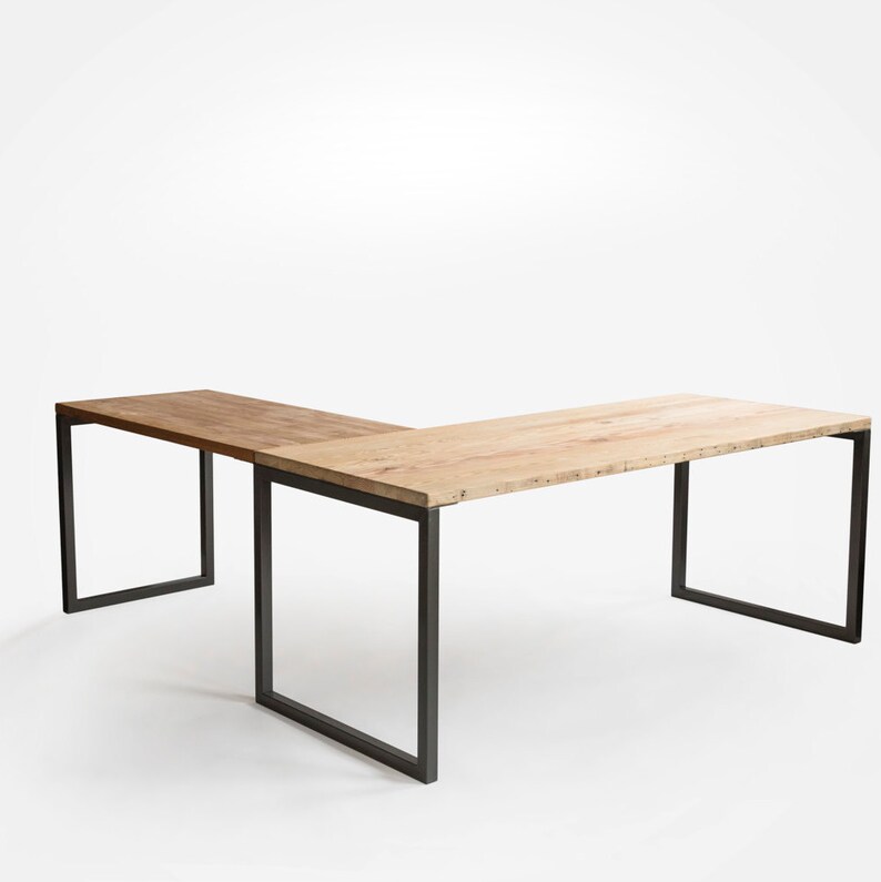 Modern Reclaimed Barn Wood Office L Desk With Painted Steel Base Natural Table Top Choice Of Finish Design And Leg Style