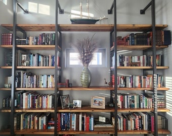 Farmhouse Shelving Unit, Custom Wall Shelving made of reclaimed wood and square steel tube.  Choose size and wood finish.