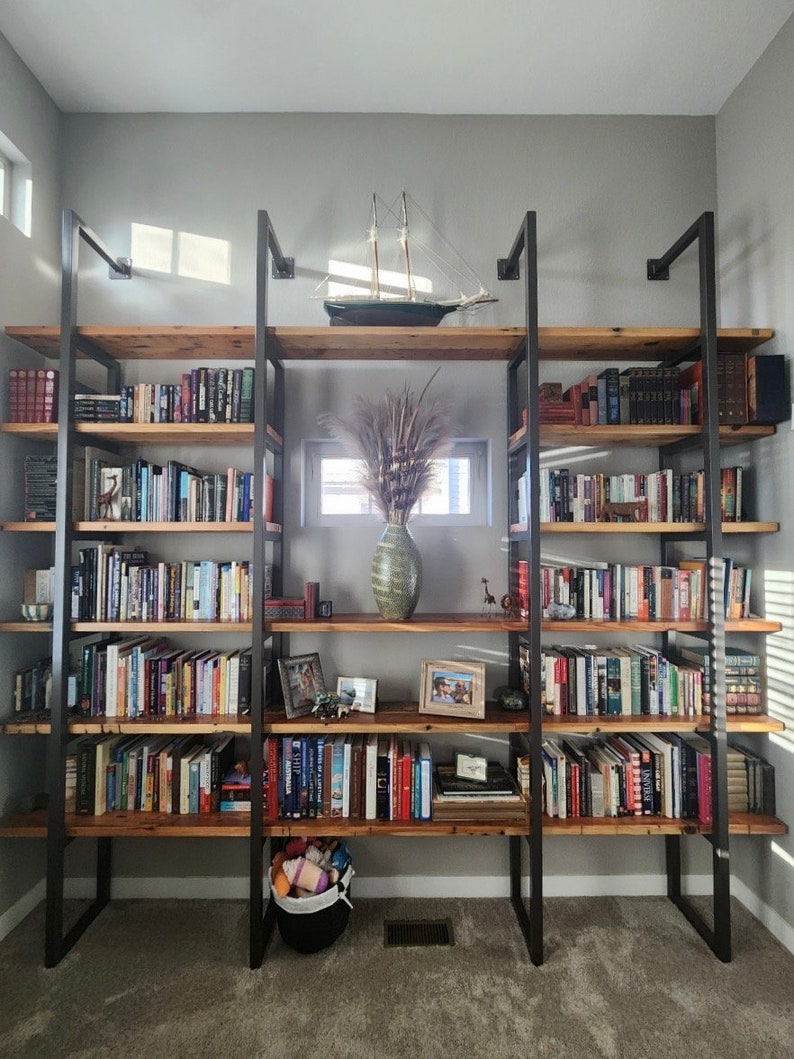 Farmhouse Shelving Unit, Custom Wall Shelving made of reclaimed wood and square steel tube. Choose size and wood finish. image 1